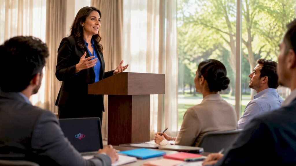 Female executive speaking confidently in boardroom