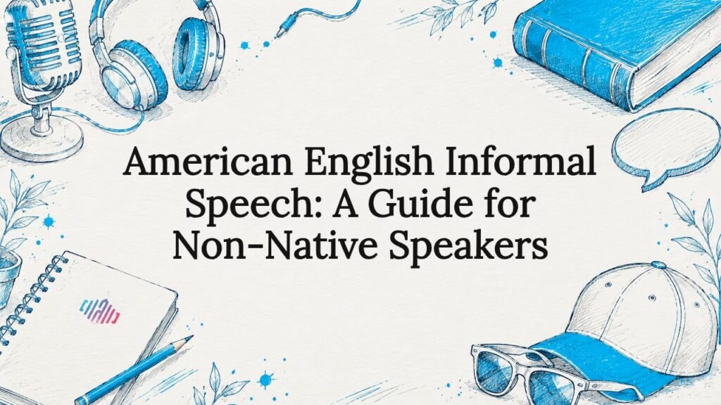 Decorative title card illustration with speech and casual props