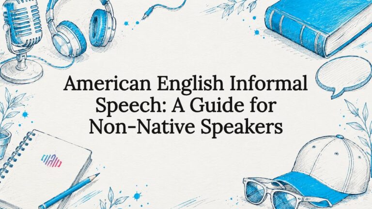 Decorative title card illustration with speech and casual props