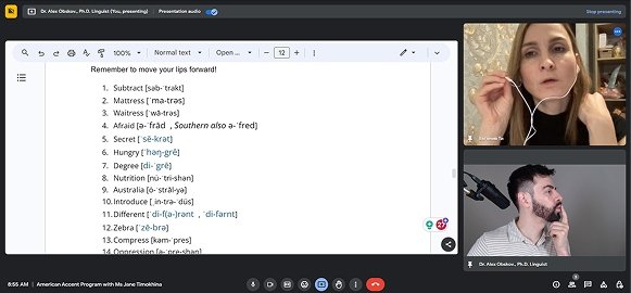 Prof. Alex teaching an online American accent training session with phonetic exercises
