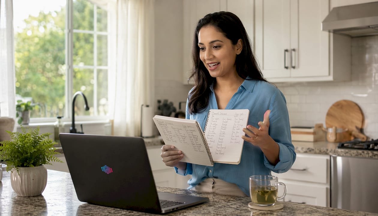 Woman in home office practicing American English pronunciation