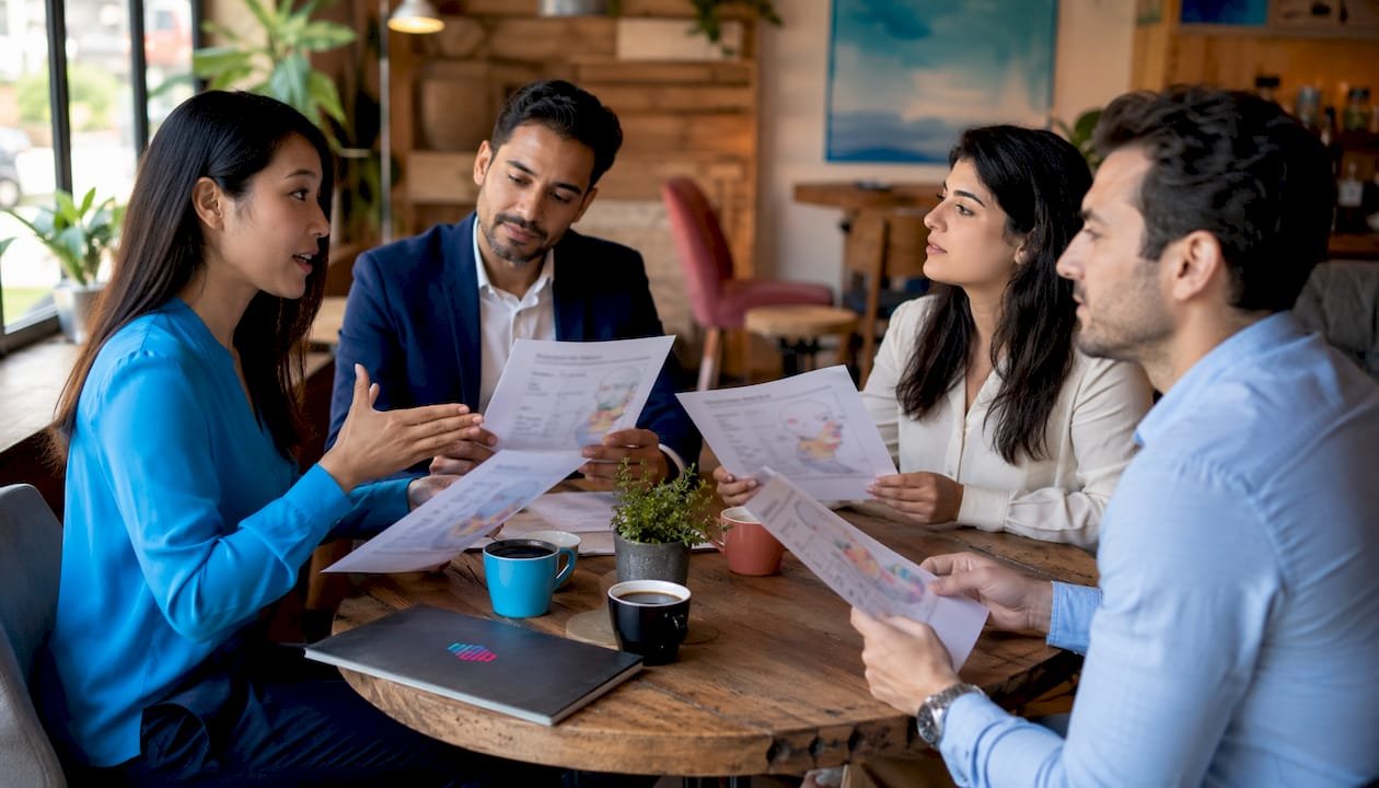 Group practicing connected speech in meeting room
