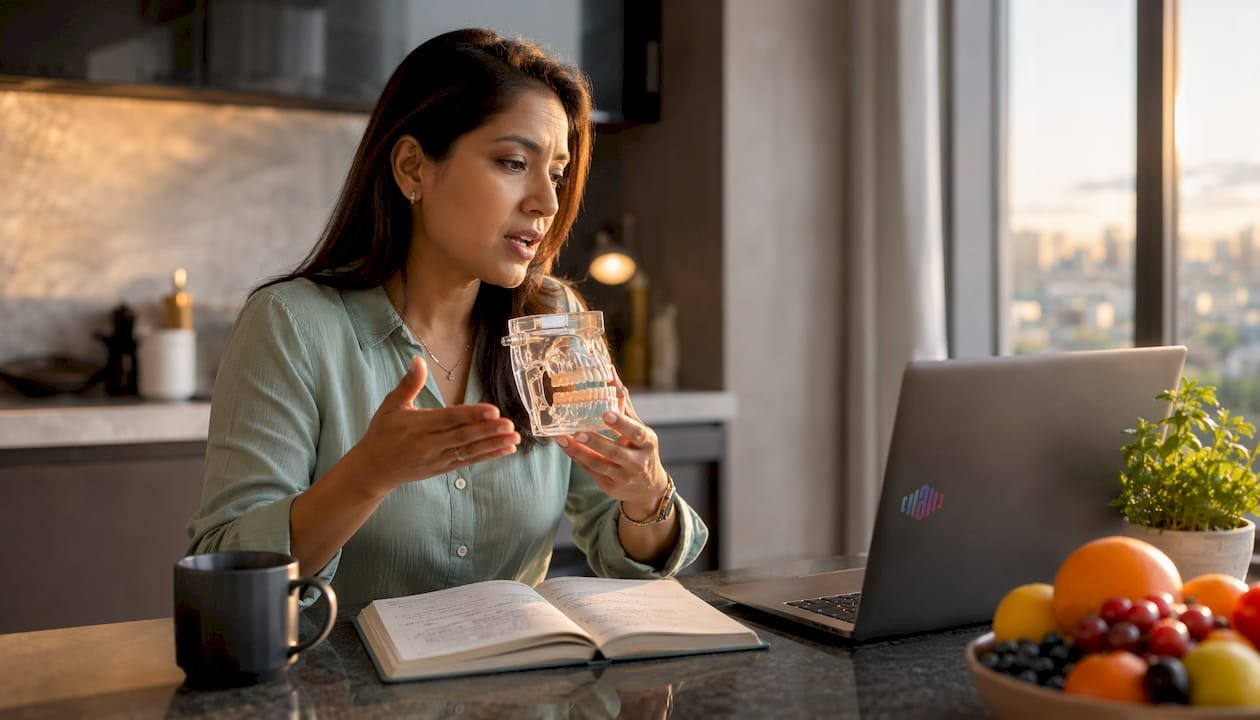 Female engineer practicing pronunciation with speech model