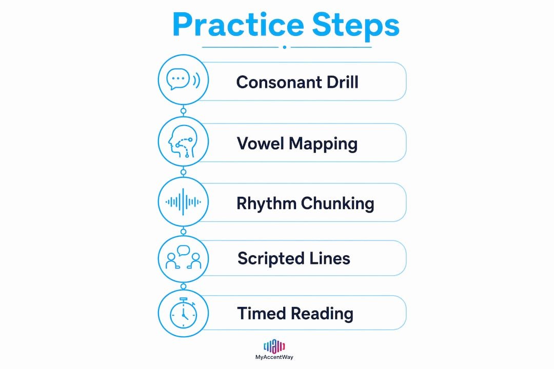 Infographic showing step-by-step practice plan for meeting English