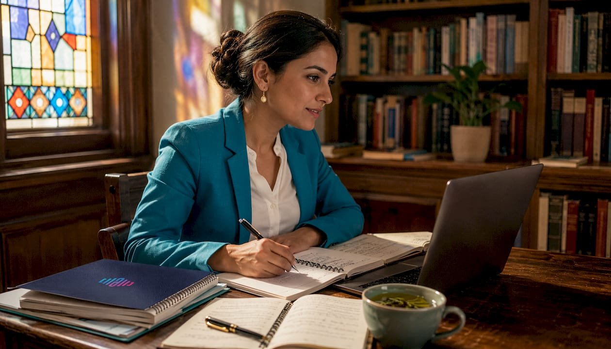 Woman practicing pronunciation during coaching session