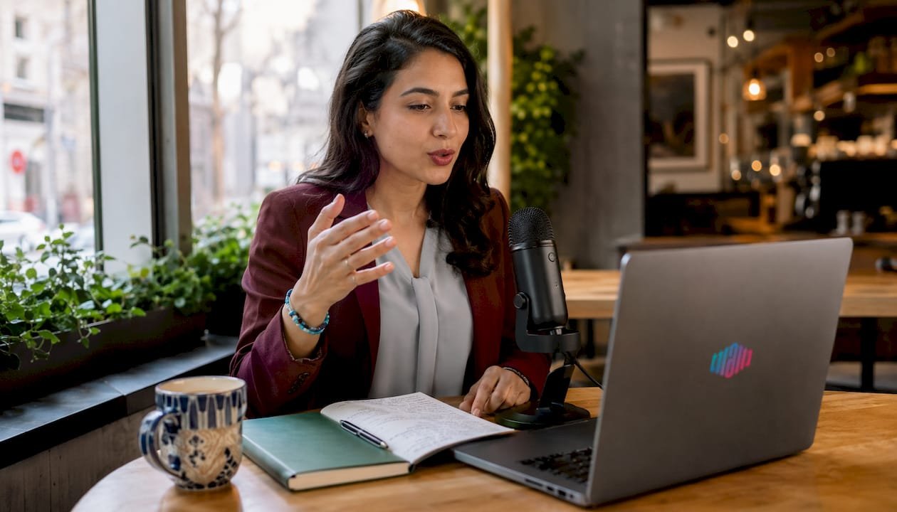 Non-native professional practicing American English speech at desk