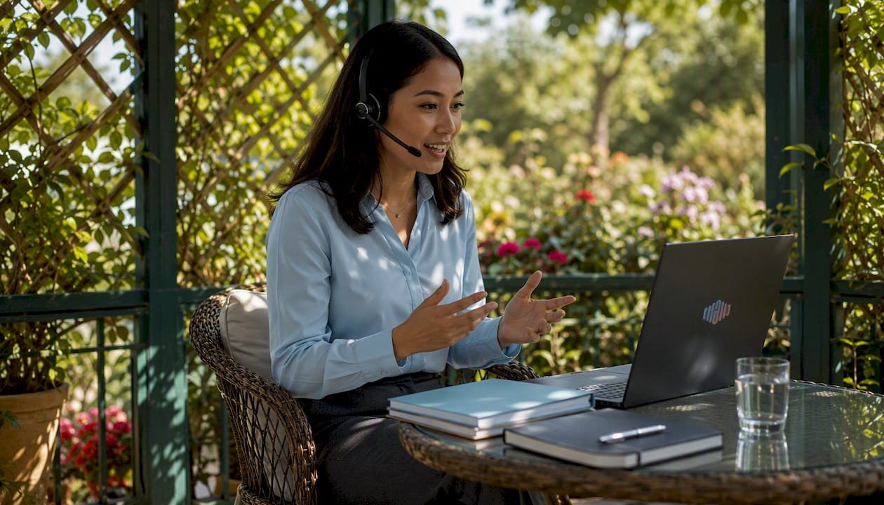 Professional using headset for accent coaching