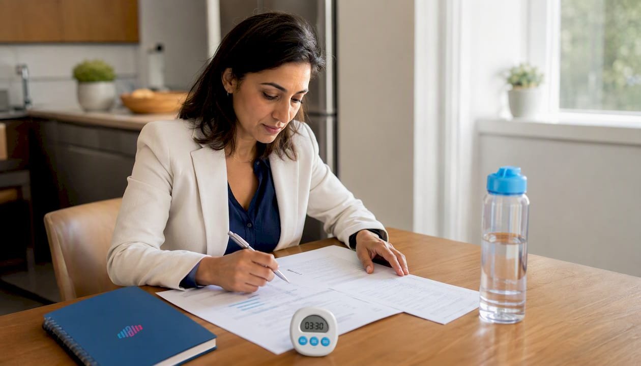 Translator practicing speech rhythm at home desk