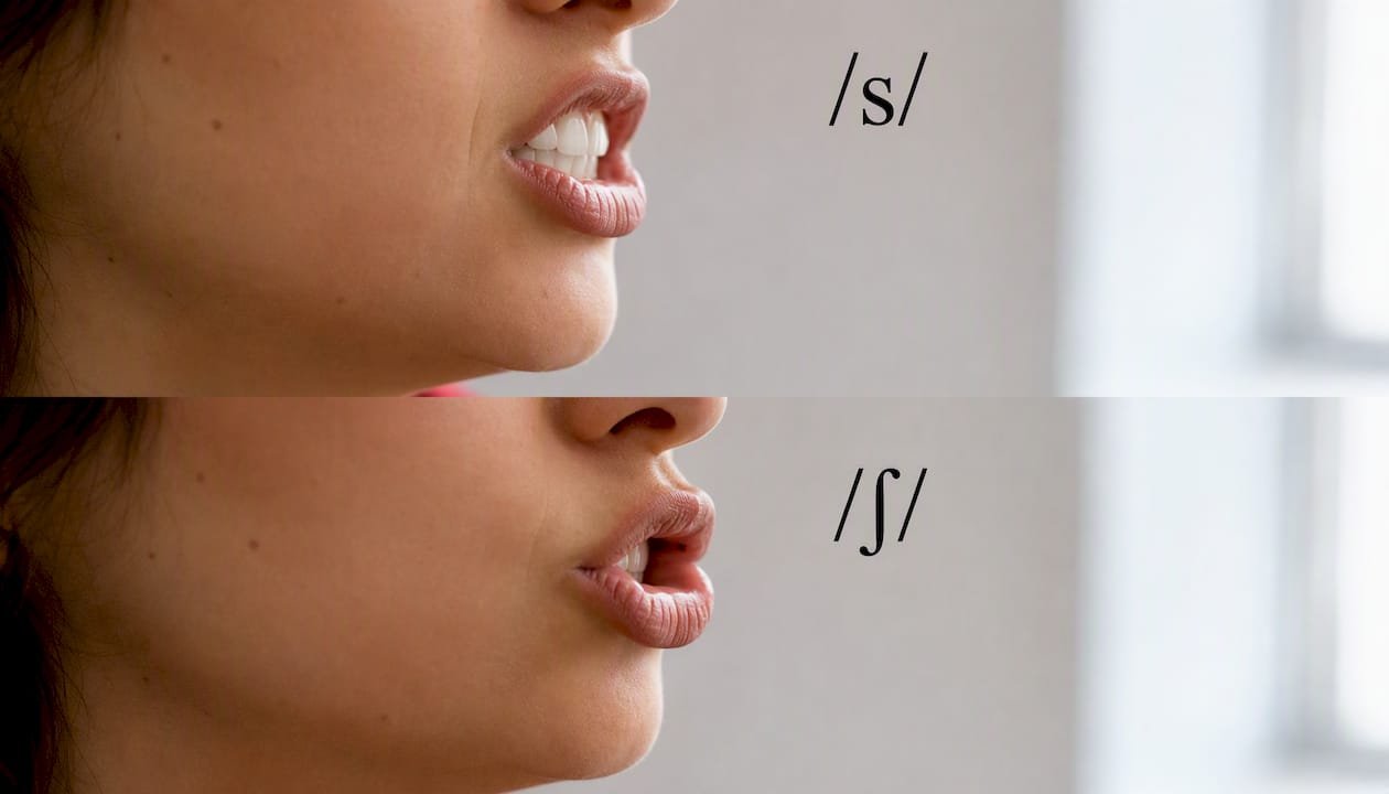 Side close-up of tongue and lip positions for /s/ and /ʃ/