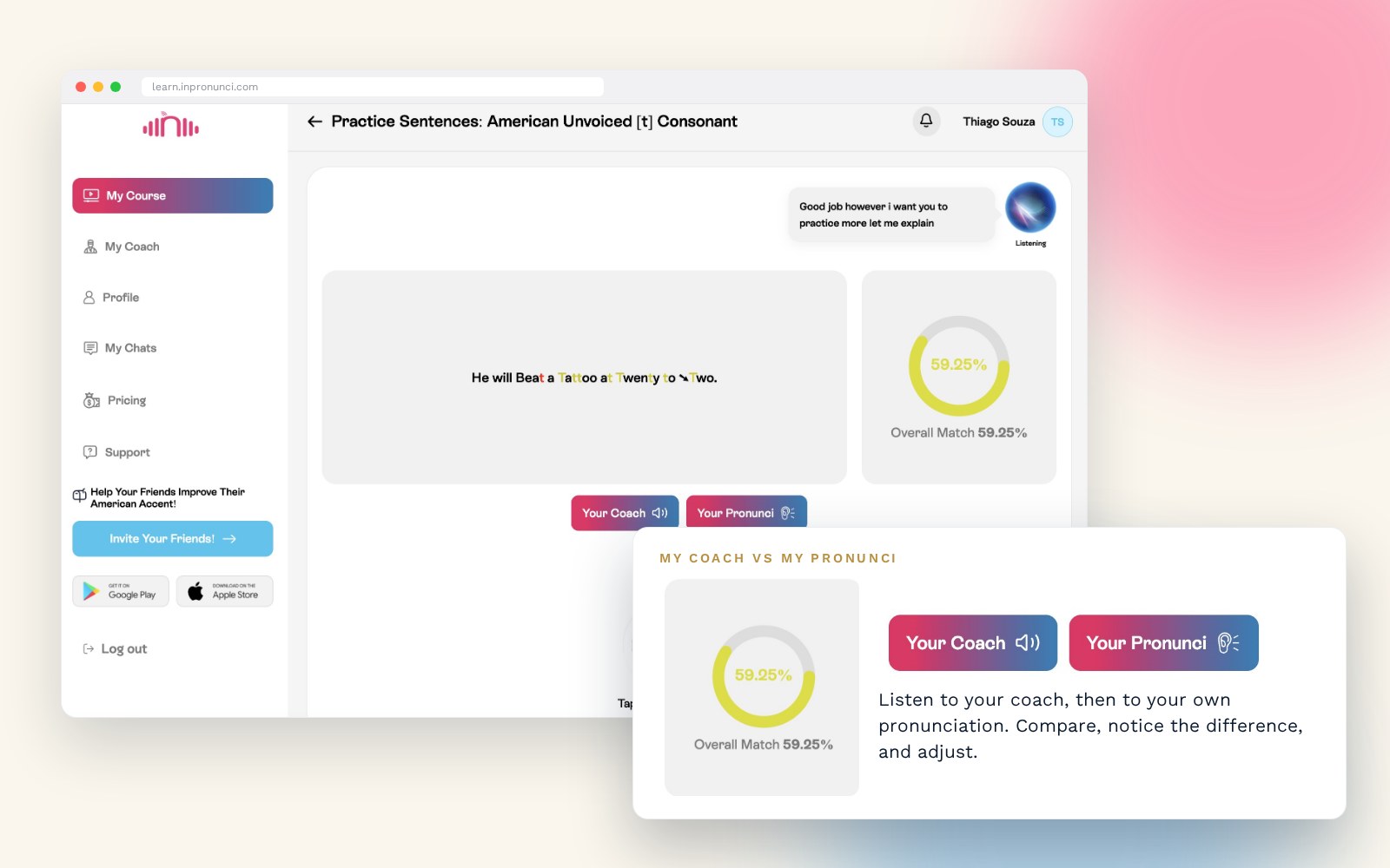 InPronunci eCourse AI Accent Coach Feedback and Analysis screens