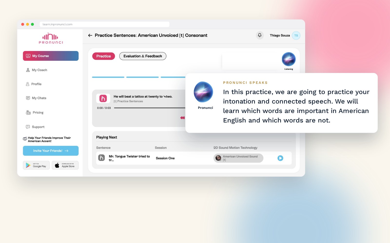 InPronunci eCourse Pronunci Instructions screen