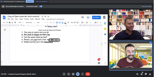 Prof. Alex leading an online 1-on-1 pronunciation assessment with a student, practicing the open vowel /&aelig;/ in sentences