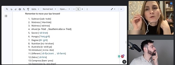 Prof. Alex training an Austin professional online 1-on-1 with phonetic exercises