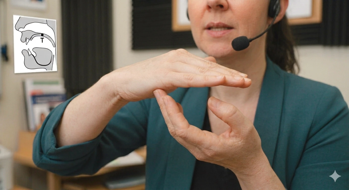 Traditional picture-based articulation explanation with static mouth picture and hand gesture